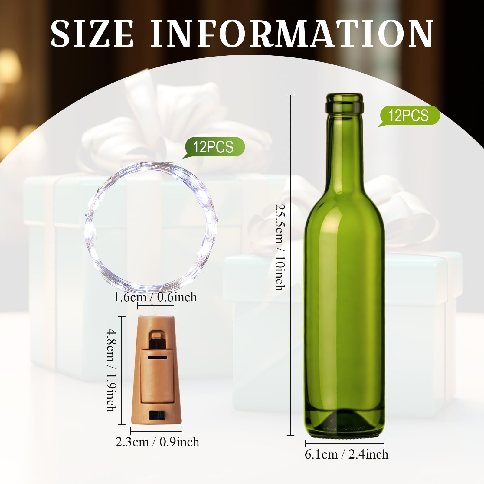 Rtteri 24 luci per bottiglie di vino con sughero, 12 bottiglie di vino vuote e 12 luci a 30 LED impermeabili a batteria, per decorazioni per feste di nozze (bottiglia verde scuro, 25,4 x 6,1 cm)