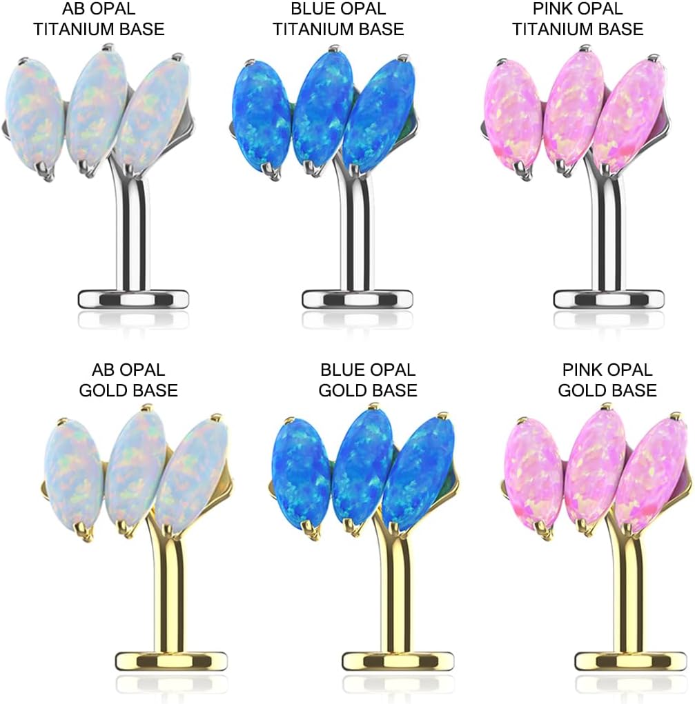 G23 Grade Titanium Triple Marquis AB, Blue, Pink Opal Stones Flower Push Fit Top 14 Gauge - 8mm, 10mm Length Lip Labret Rings Floating Belly Button Piercing Body Jewelry