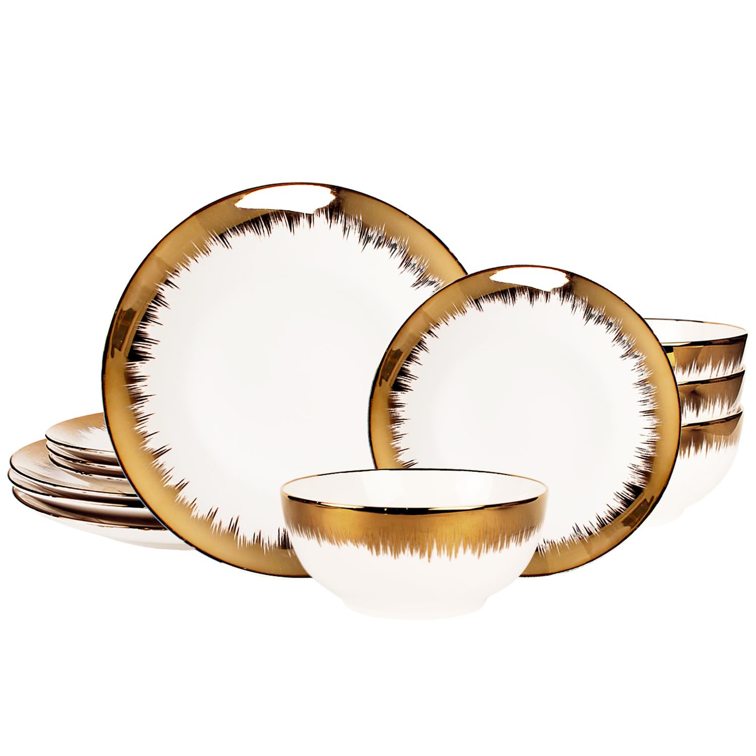 Assiettes et bols à bords dorés en céramique fine au design épuré