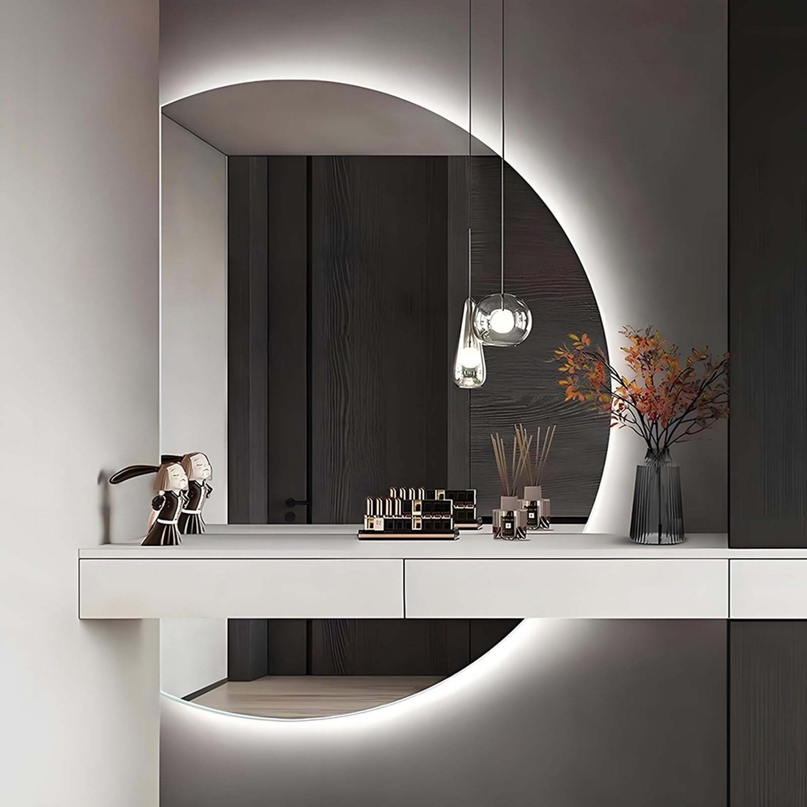 SXFSDOU Semicircle Anti-fog Bathroom Mirror 3 Colors Light 43"x28", LED Backlight Frameless Wall-mounted Dressing with Smart Touch Switch 51"x35"(Left Cut,43" L x 28" W)