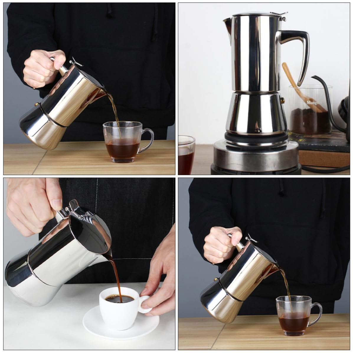 Cabilock Cafetera Capacidad de 200ml de Acero Inoxidable 304 para Estufa Espresso Apta para Cocinas de Inducción y Fuego Abierto, Adecuado para Uso en Casa y Hotel
