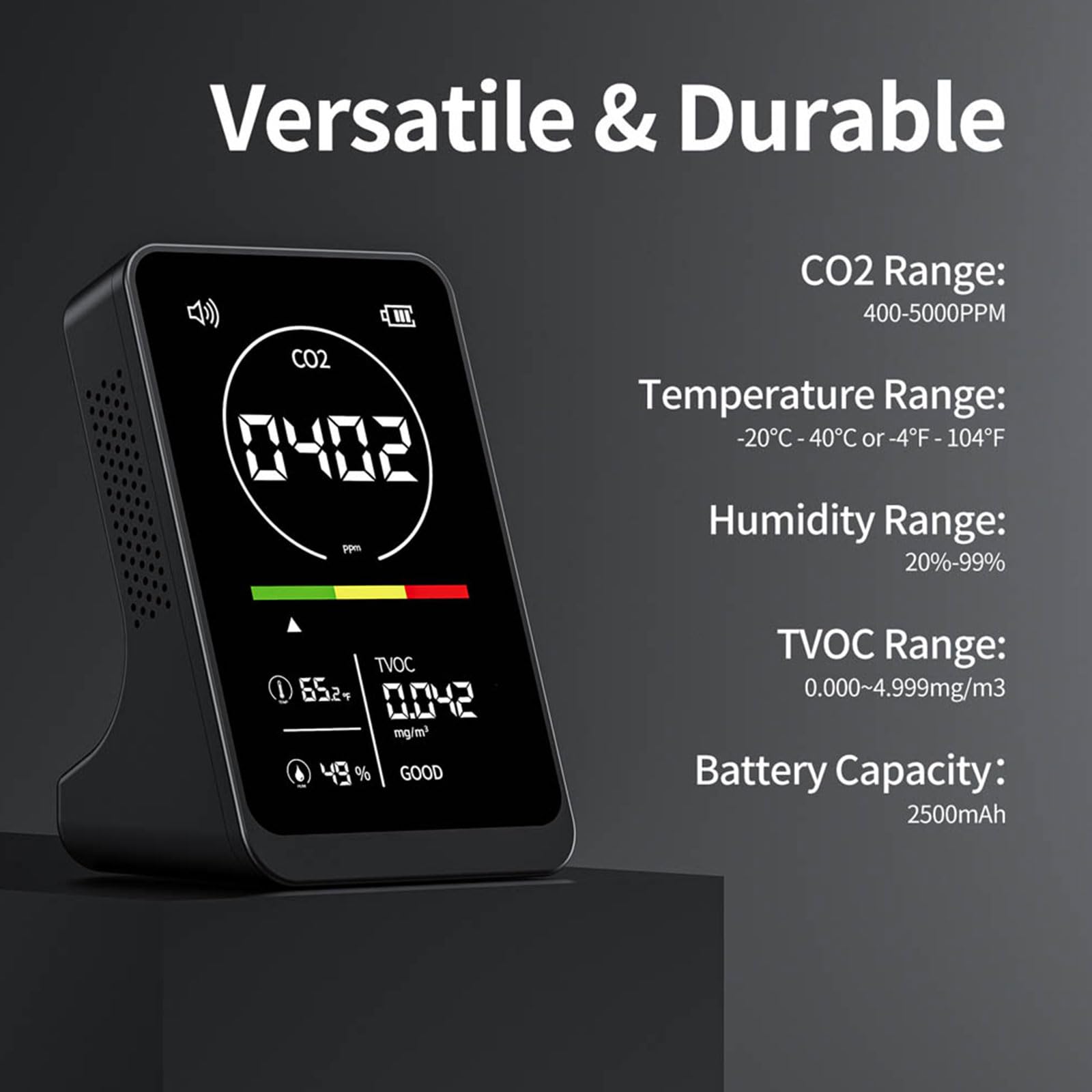 Détecteur de CO2 intérieur de voiture, compteur d'air, température et humidité, détection TVOC, affichage numérique, détecteur de dioxyde de carbone, avertissement