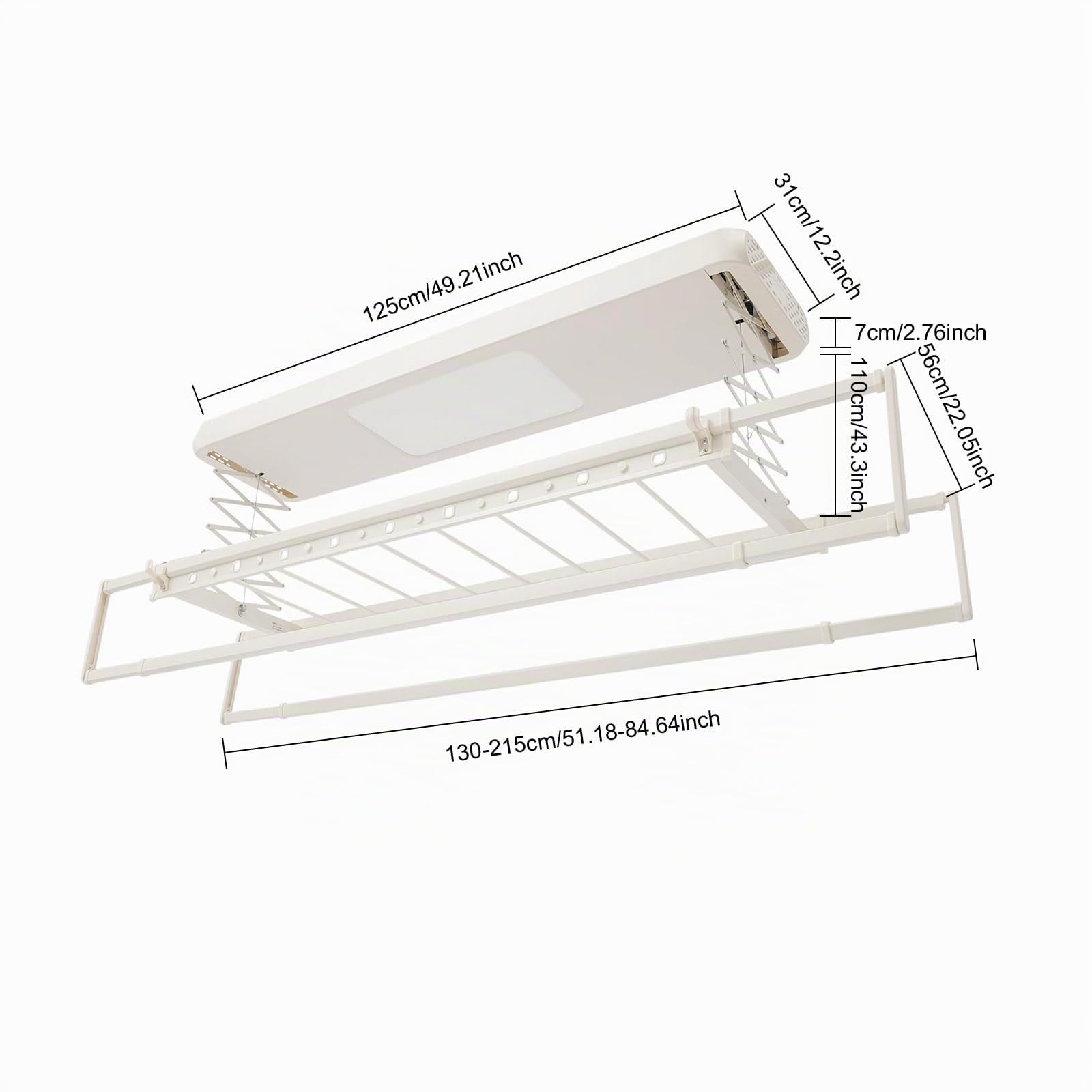 Tendedero eléctrico para montaje en techo, secadora de techo con mando a distancia, secadora con luz, longitud ajustable 130-215 cm, altura retráctil 110 cm