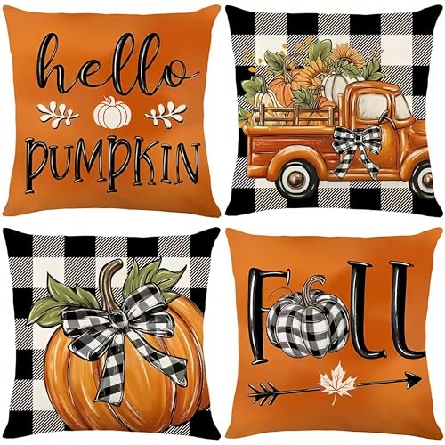 4 Pack Autumn Cushions Cover 45x45cm, Orange Pumpkin Cushions Cover 18x18 Inches, Hello Fall Decorations Cushion Case for Indoor Sofa Home Decorative