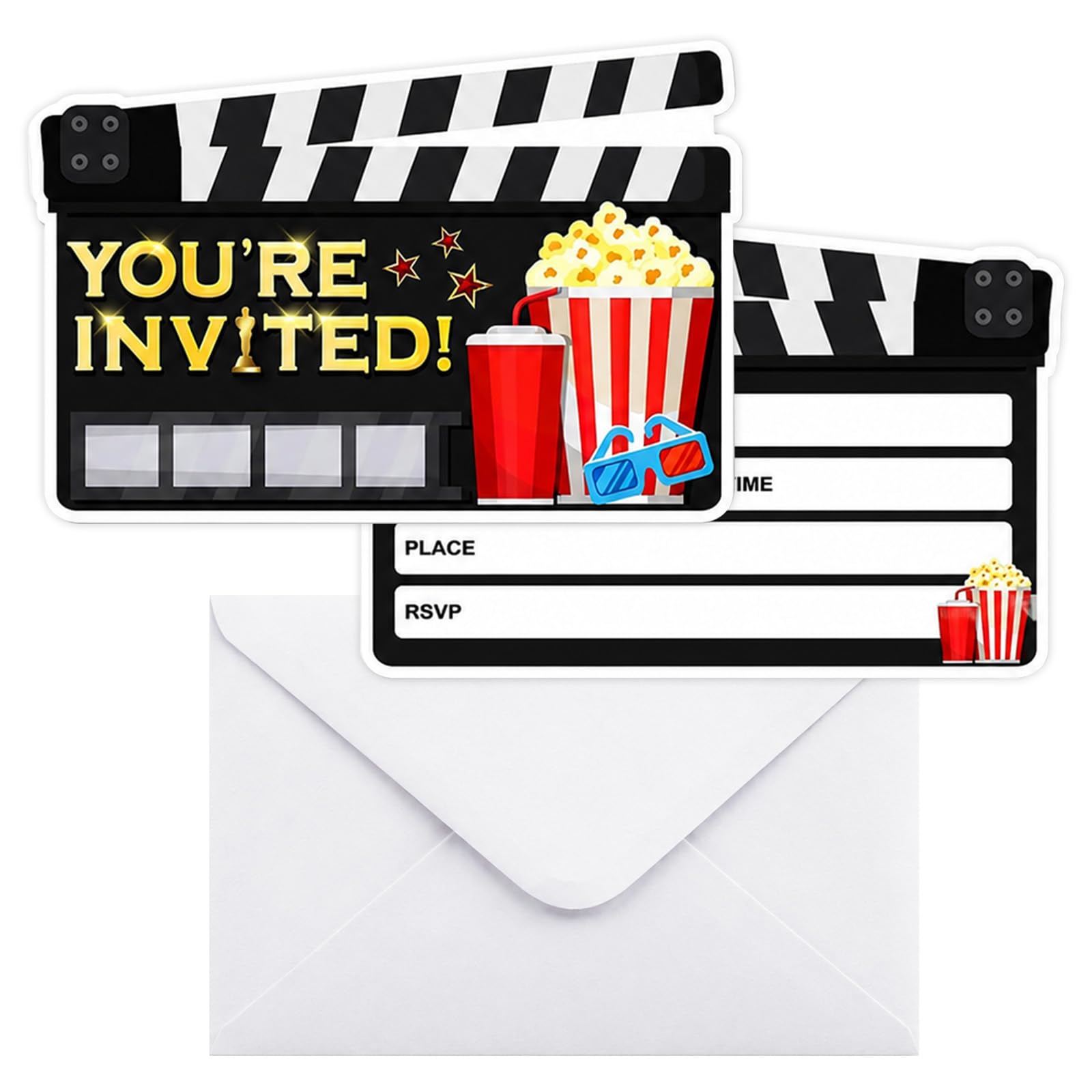 12 Set VIP Invitations Double Sided Movie Birthday Party Invitation Cards with Envelopes for Girls Ladies Women (12, Black Movie Clapper Shape)