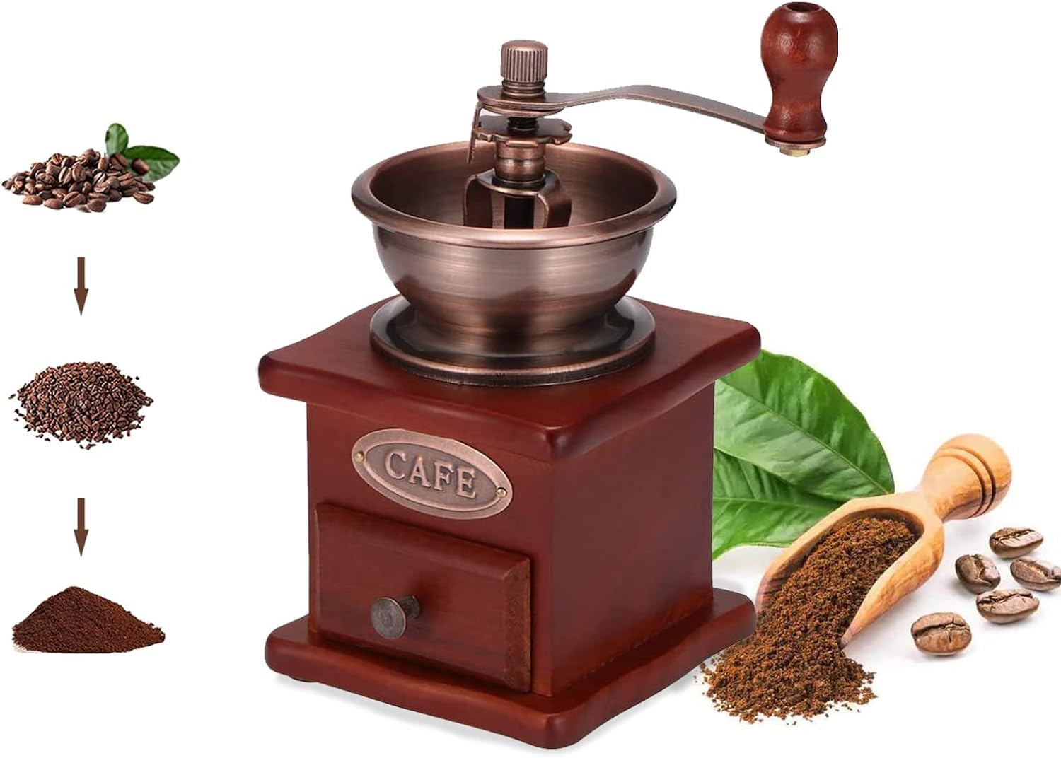 Macinacaffè manuale regolabile Grinder per chicchi di caffè in legno vintage da casa, cucina, ufficio, campeggio, viaggi