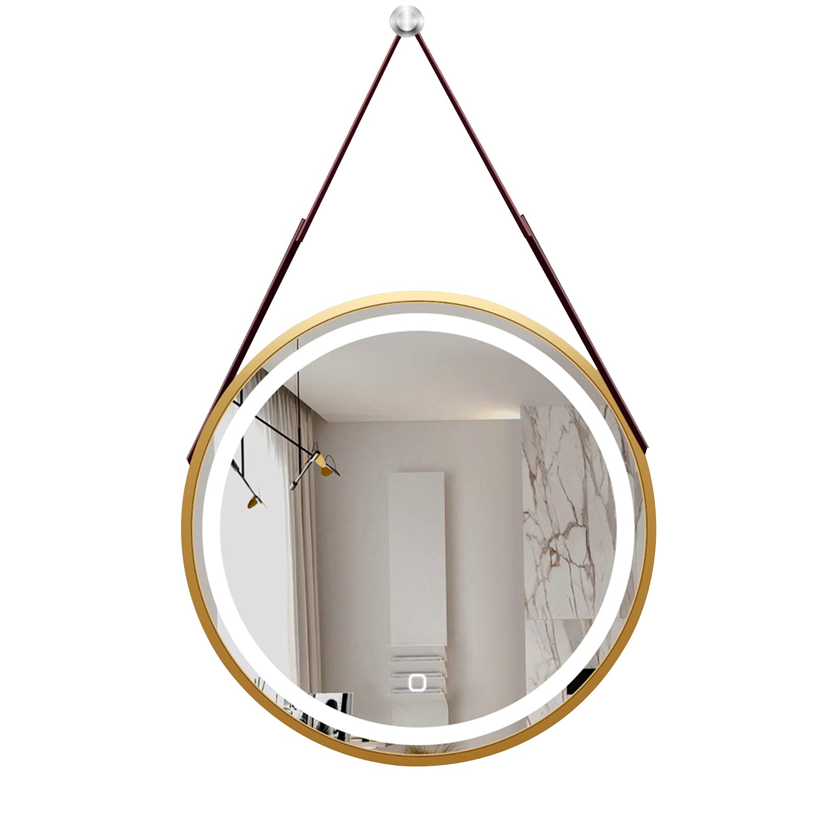 Miroir de salle de bain LED avec sangle en cuir réglable tactile