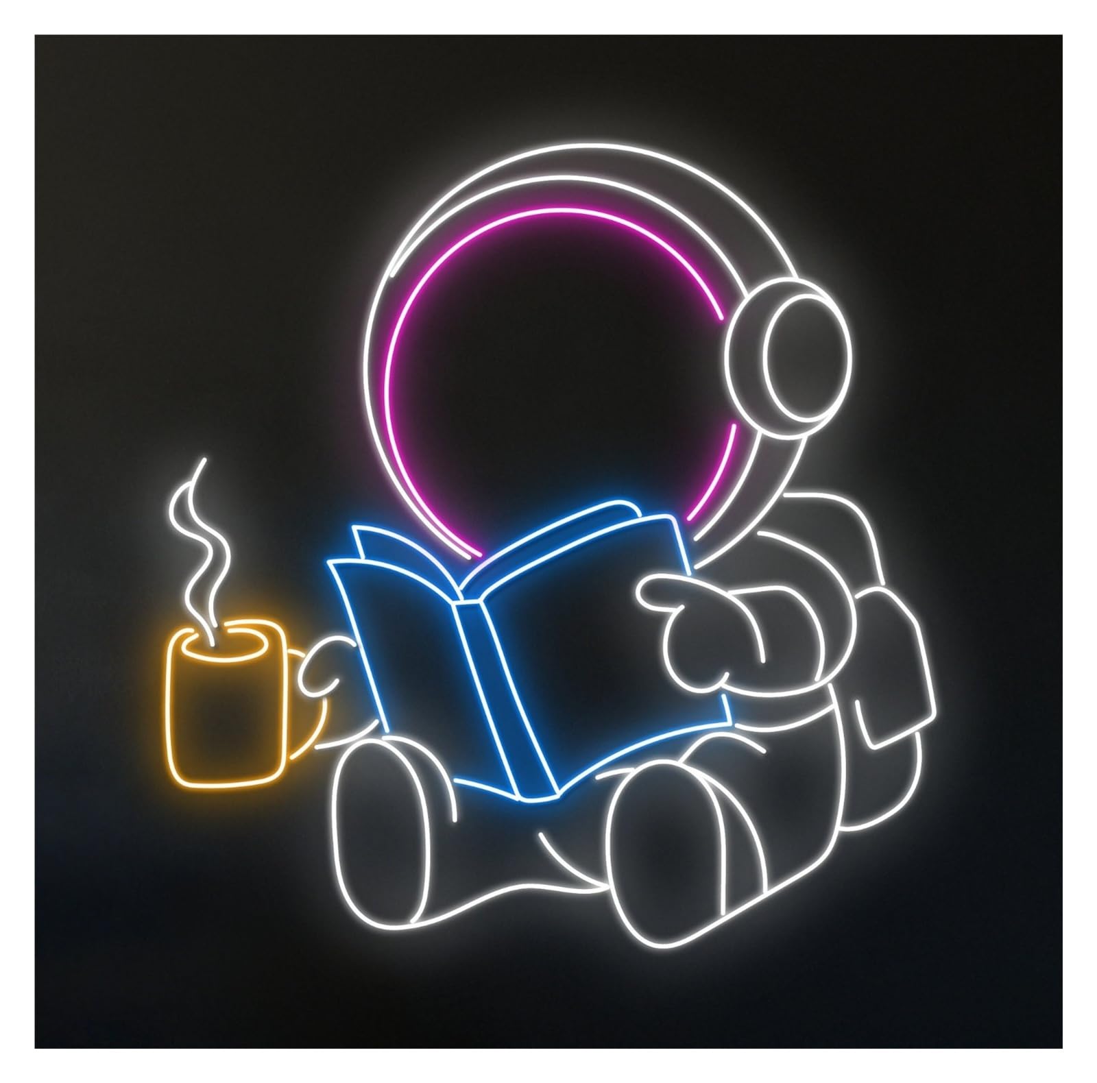 Luces de neón Letrero De Neón Astronauta Leyendo Un Libro, Leer, Beber Café, Escaparate, Entrada Comercial, 58cm