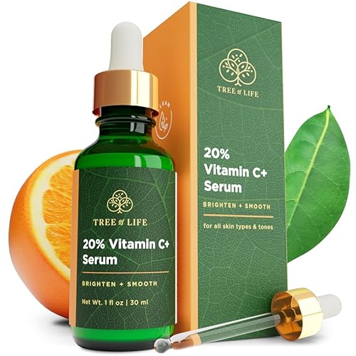 Tree of Life - Suero facial súper 20% de vitamina C+, 1 onza líquida, 1 paquete de sueros, vitamina E para iluminar y suavizar la piel secasensible,