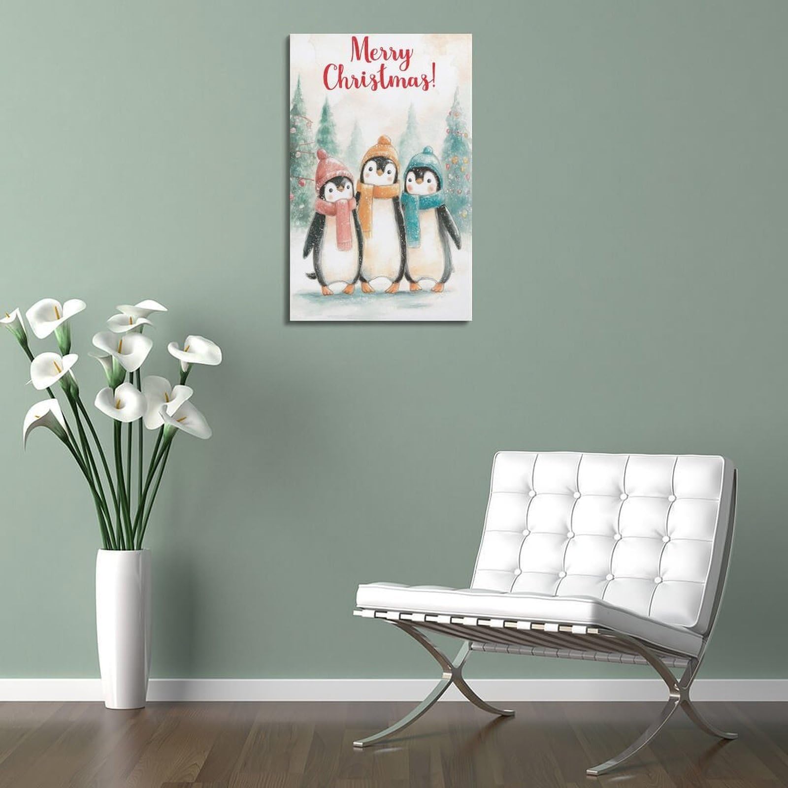 CWLLOG Stampe artistiche da parete su tela, poster natalizio con pinguini ad acquerello, giocoso, festival, decorazione moderna per soggiorno e camera da letto, 50 x 75 cm