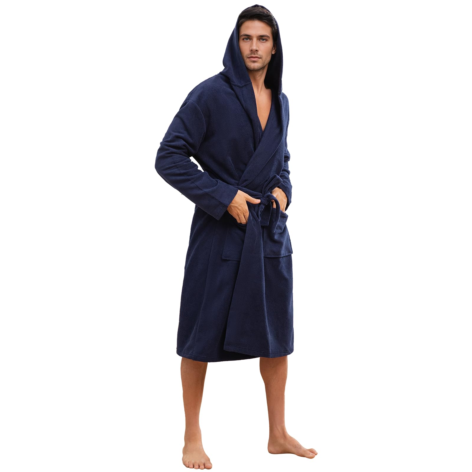 FG FEAYIGUDIM Mens Hooded Absorbent Terry Cloth Robe All Season Knee Length Design Kimono Spa Bathrobe