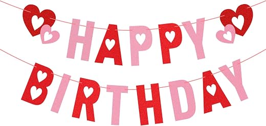 Valentines Day Decoration Birthday Banner, Glitter Happy Birthday Banner Heart Decorations Birthday Hanging Banner Valentines Themed Decors, Valentines Heart Garland for Home Birthday Party Supplies