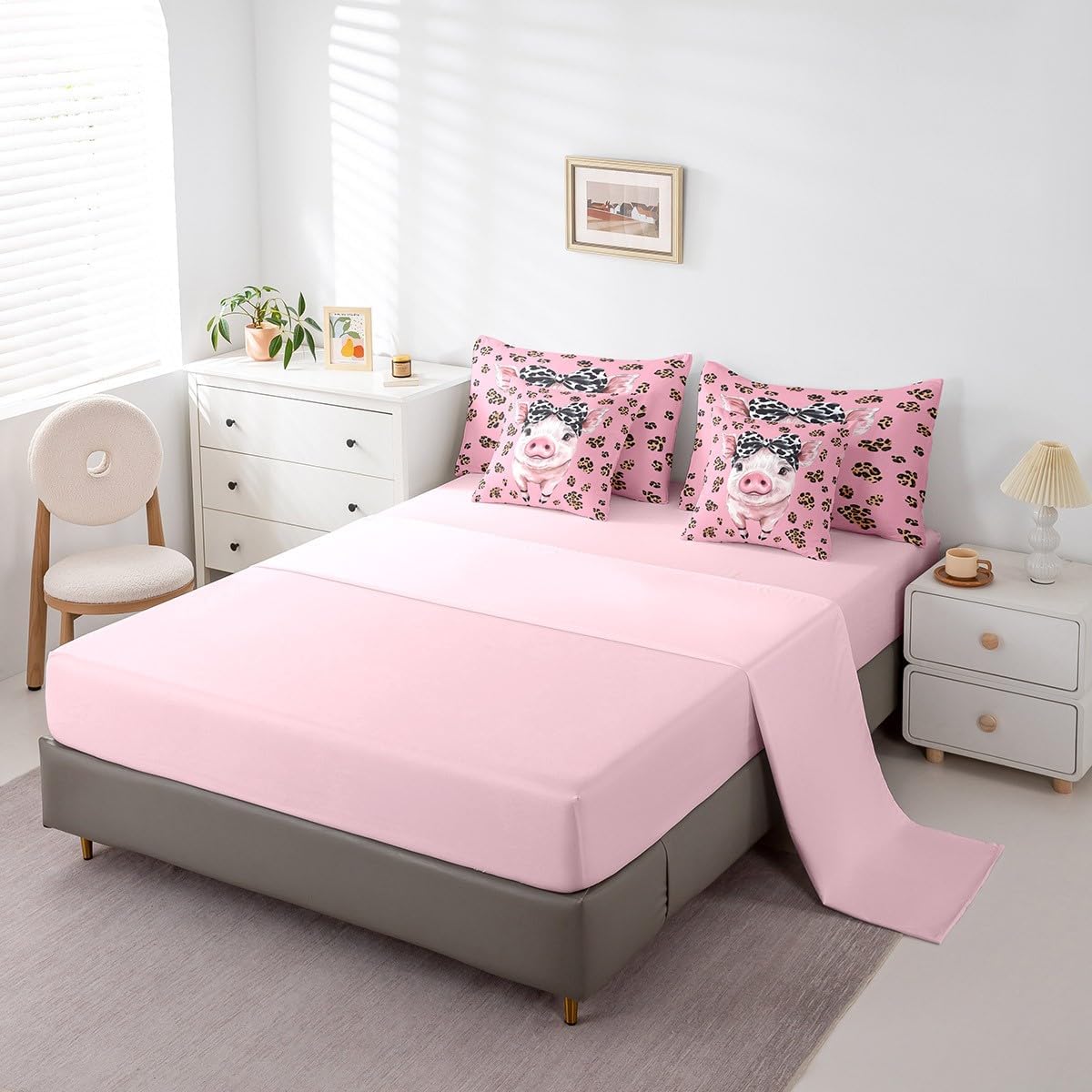 Feelyou Pig Comforter Set with Sheets Queen Size Cute Bed in a Bag for Boys Girls Teens Bow 7 Pieces Bedding Set Pink Bed Set Room Decor Small Animall
