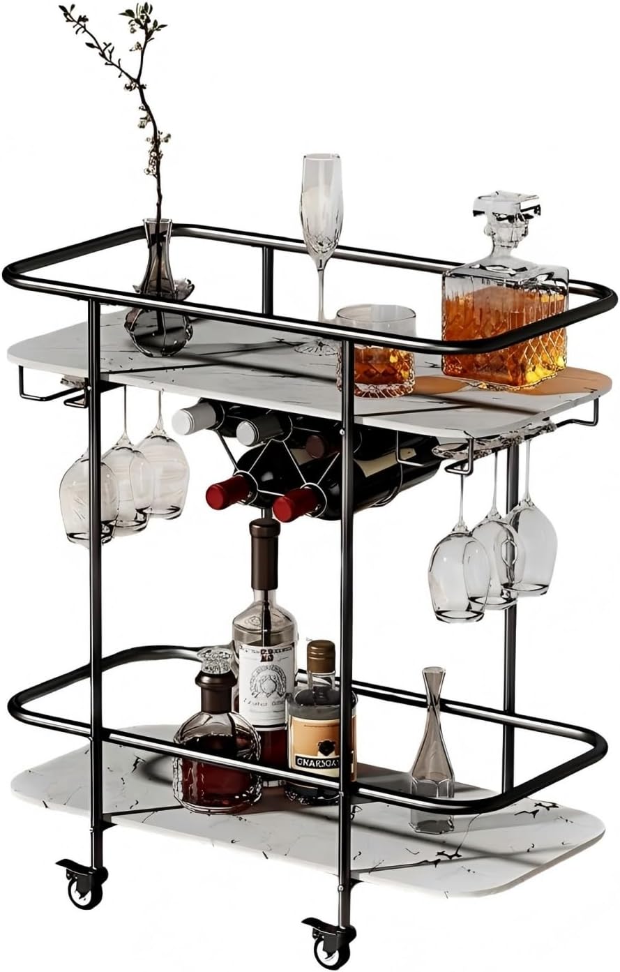 2-Tier Bar Serving Trolley, Mobile Drink Trolley with Wine Holder and Glass Holder, Modern Rolling Drink Storage Trolley for Home, Kitchen, Party, Black