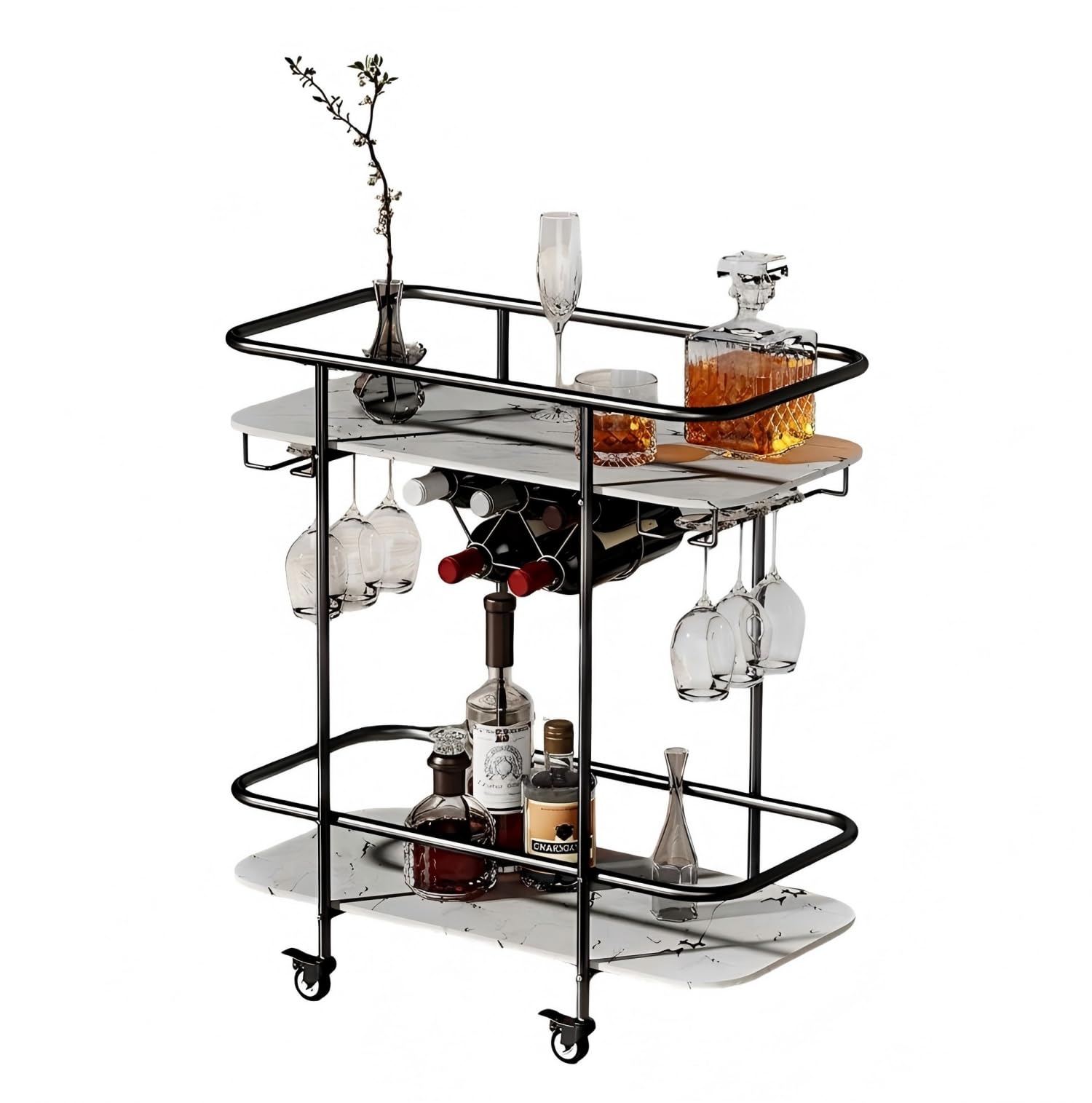 Carrito Bar 2 Niveles, Carrito Portabebidas Móvil con Ruedas, Carrito de Servicio de Bar con Porta Copas y Botellas de Vino, Carrito de Almacenamiento Moderno para Hogar Cocina Fiesta, Negro