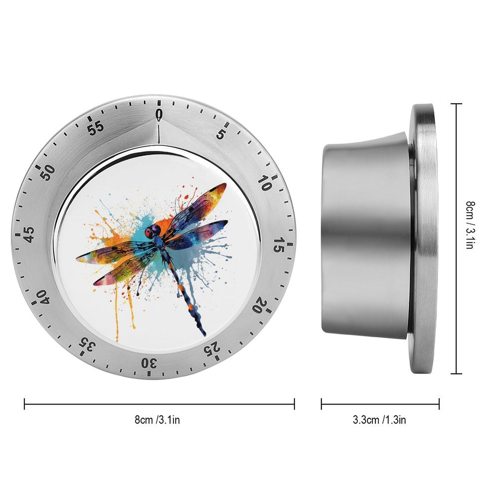 Mechanischer Edelstahl-Timer, Küchentimer, Farbspritzer, Libelle, bedruckt, Edelstahl, Countdown-Timer für Fitness-Projekte und Küchenaufgaben