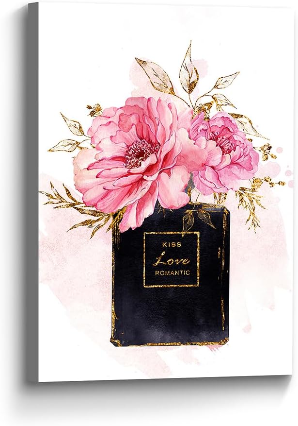 Color Play Perfume Fashion Canvas Wall Art: Makeup Room Glam Pink Peony Flower in Black Bottle Vogue Painting Artwork Romantic Floral Picture for Girls' Room Bedroom Decor Perfume 03 16"L x 11"W