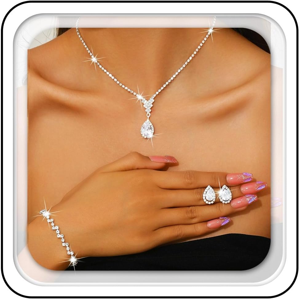 Aukmla Silver Crystal Bridal Wedding Jewelry Set Rhinestones Necklace Bracelet Earring Sets Prom Necklaces for Women and Brides