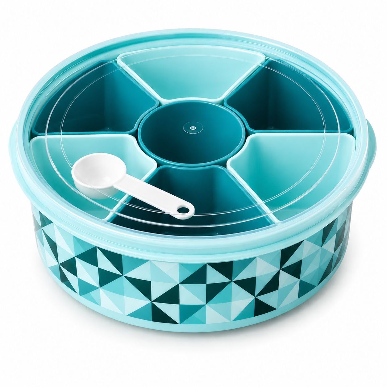 Catermax Masala Dabba Spice Box with 7 Removable Compartments & Scoop, Plastic Spice Storage Container with Lid, Multipurpose Organiser for Herbs, Seasonings, Dry Foods & Snacks, Light Blue