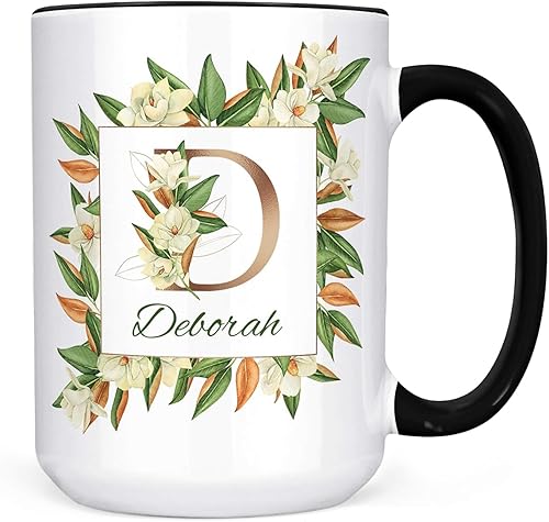 Taza de café de cerámica personalizada con monograma floral, 11 o 15 onzas