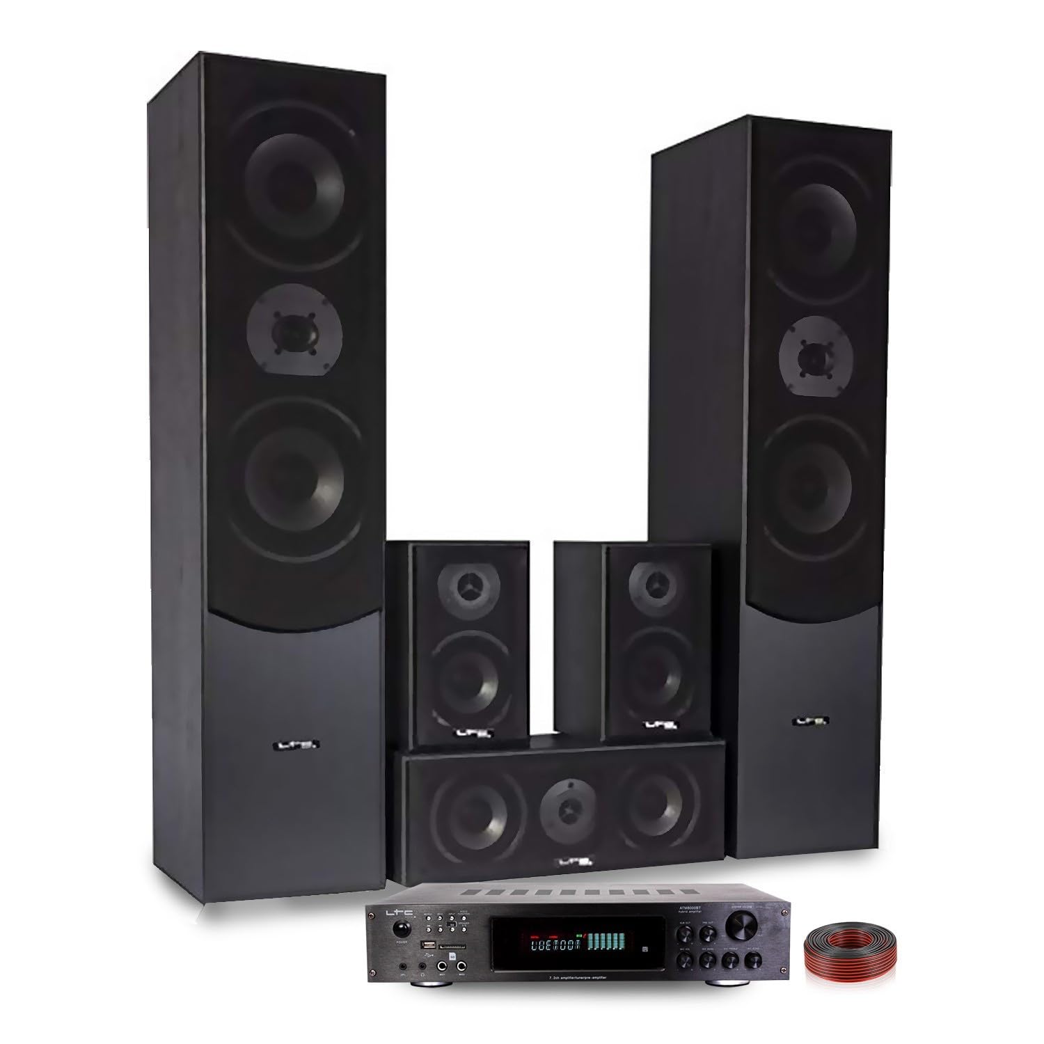 Ensemble Home-Cinéma 5 Enceintes LTC E1004 Noire 850W - Ampli ATM8000 Karaoke - USB/BT/Radio FM 4x75W -3 x20W - Câble