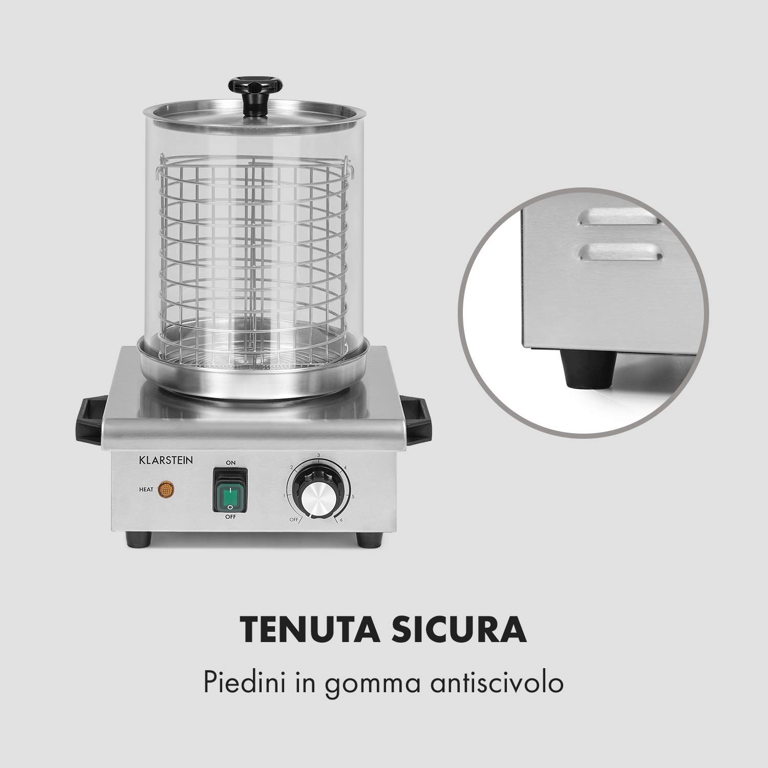 KLARSTEIN Pro Wurstfabrik 450 - Hot Dog Maker, 450 Watt, 30-100 °C, Cilindro in Vetro: Ø 20 cm, Gabbia in Acciaio Inox Suddividibile: Ø 17 cm / 5 litri, Acciaio Inox, Serbatoio: 1,1 L, Argento