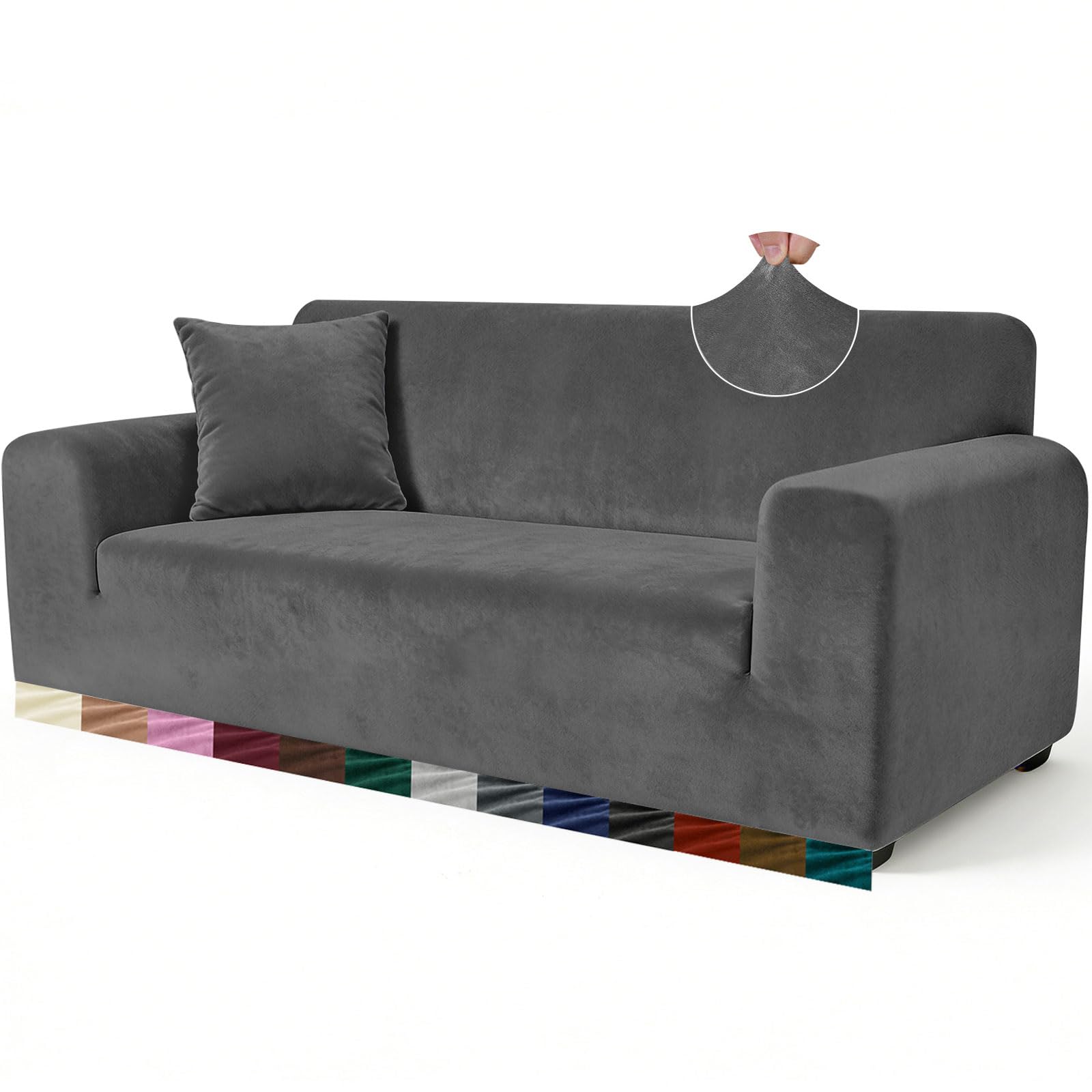 Yeahmart Thick Velvet Sofa Cover, 3 Seater Couch Slipcover, Grey