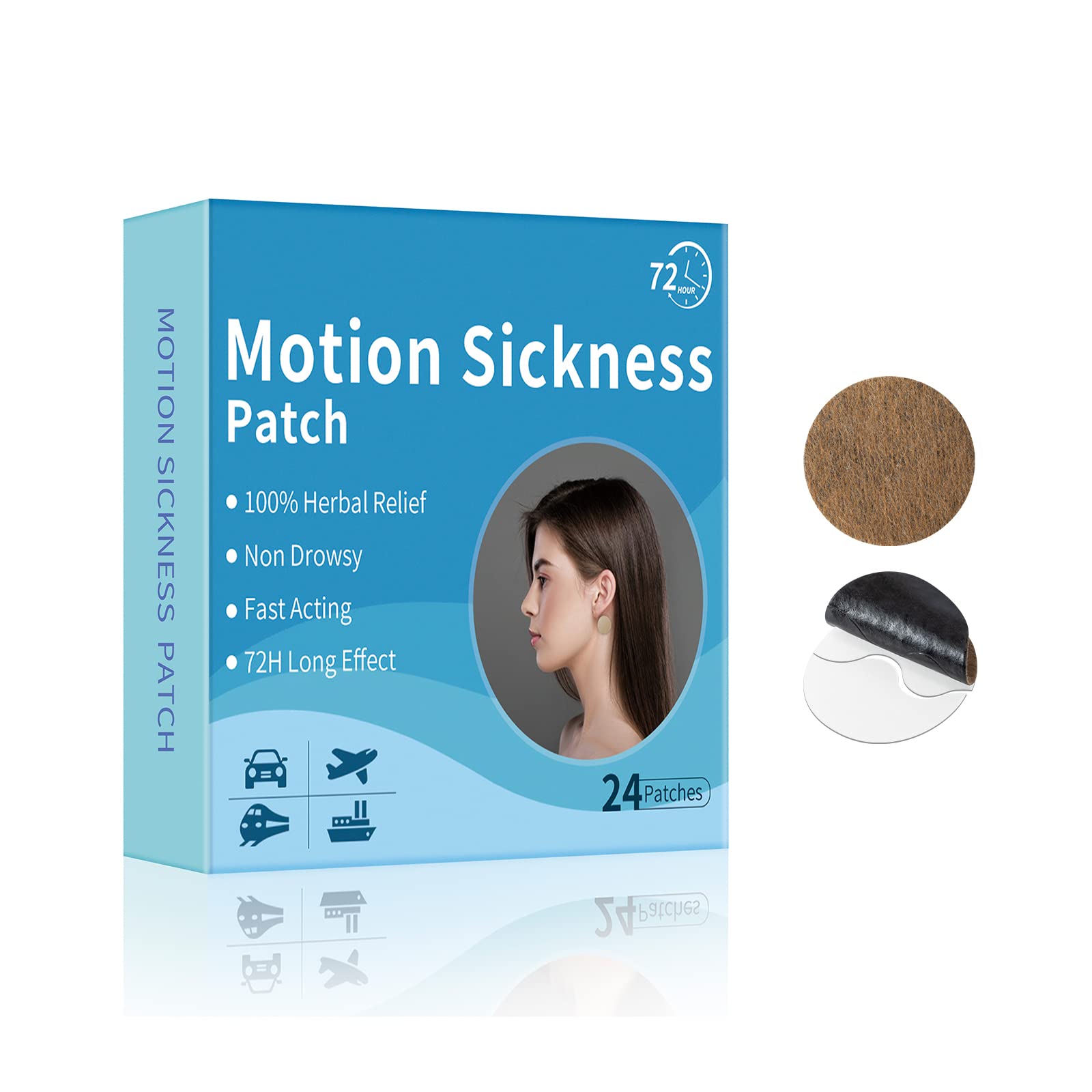 24 Counts Motion Sickness Patches, Works to Relieve Vomiting, Nausea, Dizziness & Other Symptoms Resulted from Sickness of Cars, Ships, Airplanes, Trains