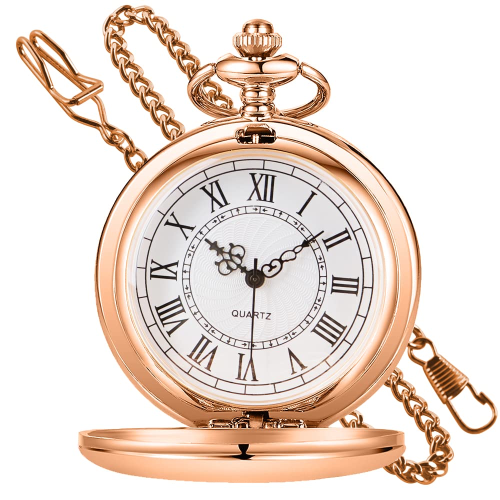 Reloj de Bolsillo, Reloj de Bolsillo clásico Acero Liso con Cadena y números Romanos for Hombre Mujer, Colgante, Regalo cumpleaños for el Día del Padre