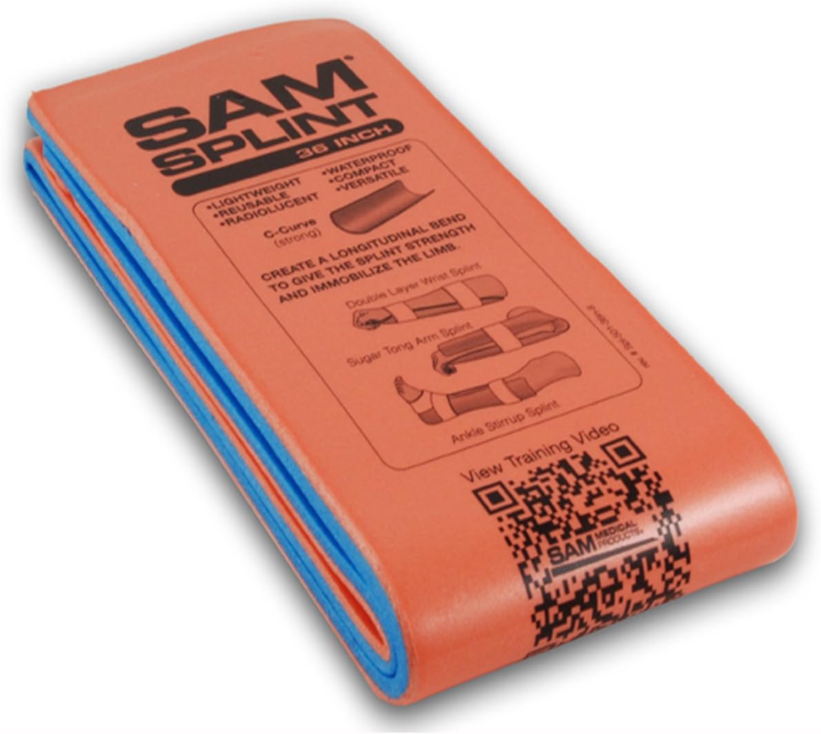 SAM Splint Flat Fold 36" x 4.25" - Moldable Aluminum Foam Splint for Fractures, Sprains & Strains, Orange/Blue - 1 Count