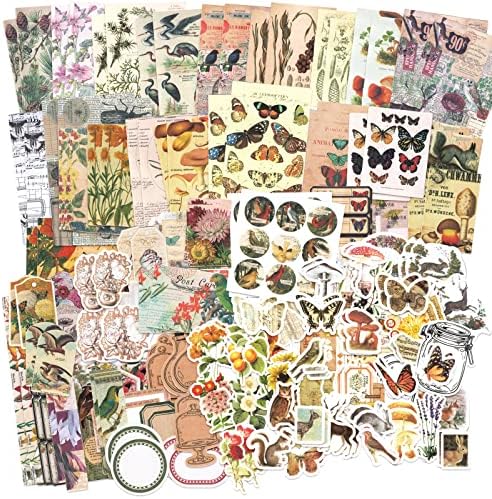 JOETMAE Scrapbook Stickers Kits- 200 Pieces Vintage Ephemera Bundle Junk Journal Kit, Butterfly Mushroom Flora lFlowers Nature Washi Sticker Supplies Aesthetic Old Magazines for Collage