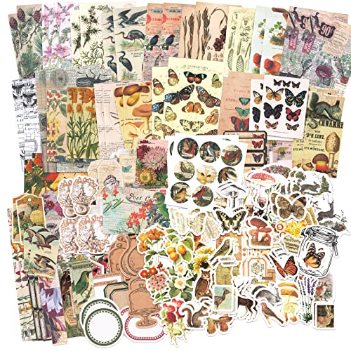 Joetmae Scrapbook Stickers Kits- 200 Pieces Vintage Ephemera Bundle Junk Journal Kit, Butterfly Mushroom Flora Lflowers Nature Washi Sticker Supplies Aesthetic Old Magazines For Collage #TOP1