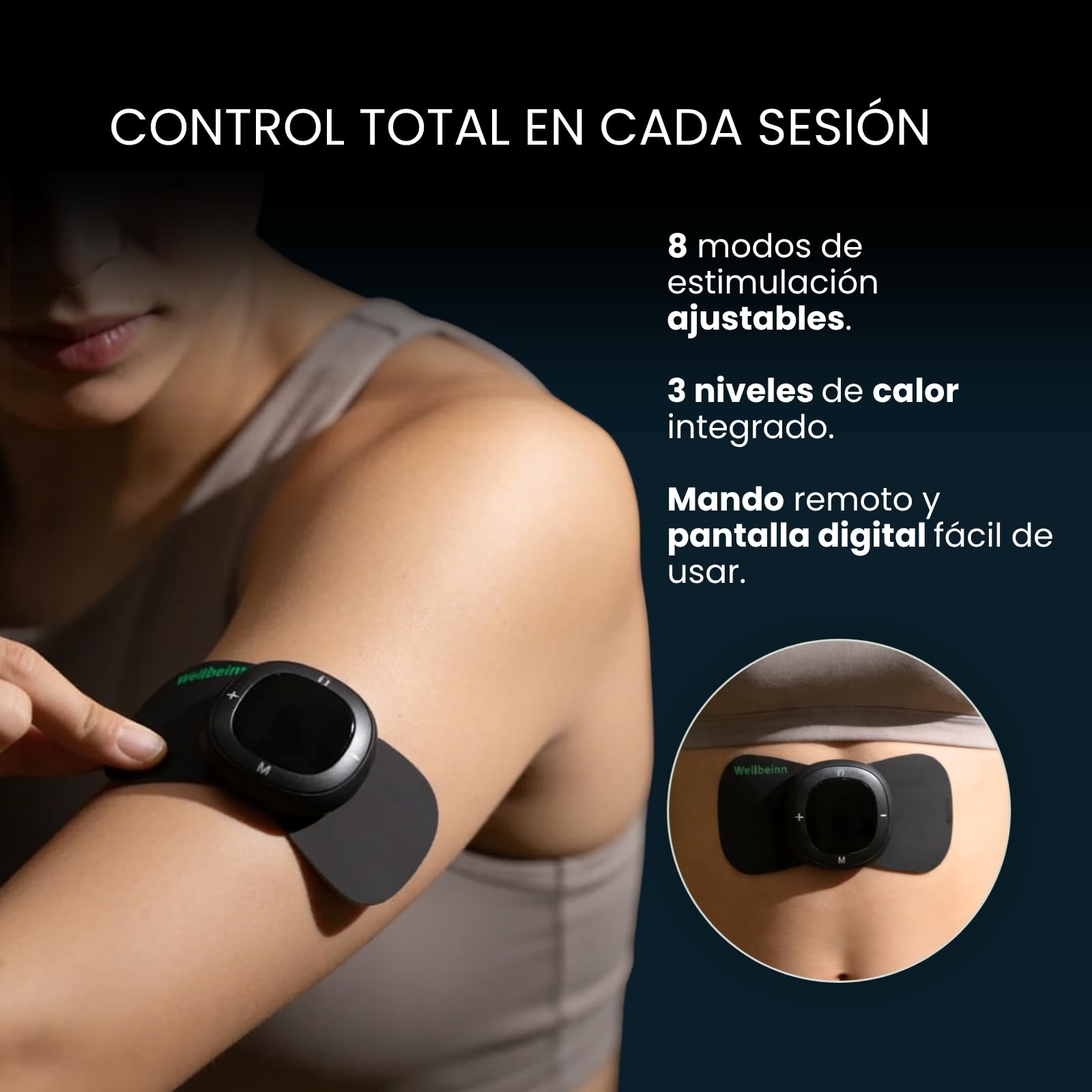 WELLBEINN Electroestimulador Muscular EMS con Calor | TENS Masajeador Recargable USB-C | 8 Modos y Intensidad Ajustable | Mando Remoto y Pantalla | Alivio Muscular Cuello, Espalda y Lumbar