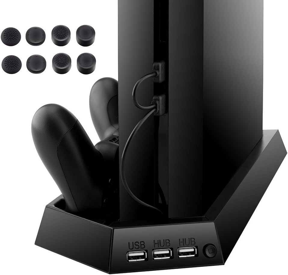 Urpower Dual Charger Vertical Stand with Cooling Fan with 2 HUB, 1 USB Port and 8 Thumb Grip Stick Covers for PlayStation 4