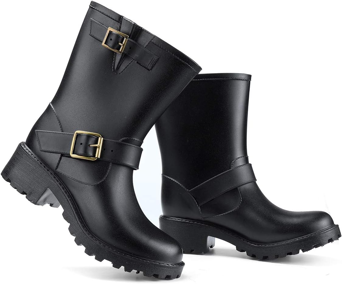 CamfosyWomen Wellington Boots,Waterproof Mid Wellies Shoes Ladies Rubber Boots Lighweight Non Slip 3/4 Length Short Wellies Welly Boots Abjustable Buckle Rain Boots Outdoor Garden Rain Shoes