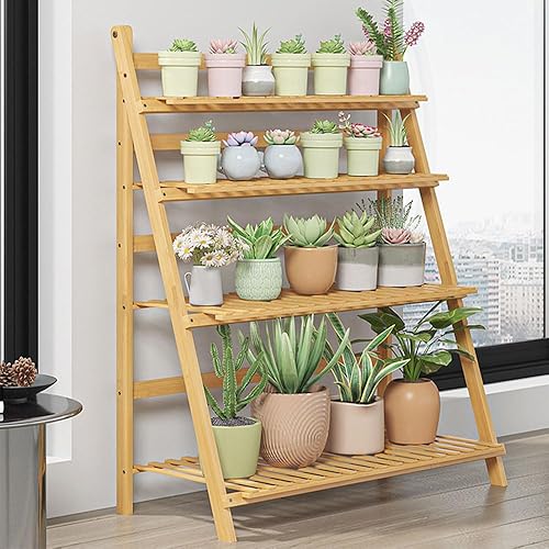 Miniatura 3 de Marco de escalera de bambú, estante de 4 niveles para plantas, estante múltiple para macetas, estante para interiores y exteriores, estantería de