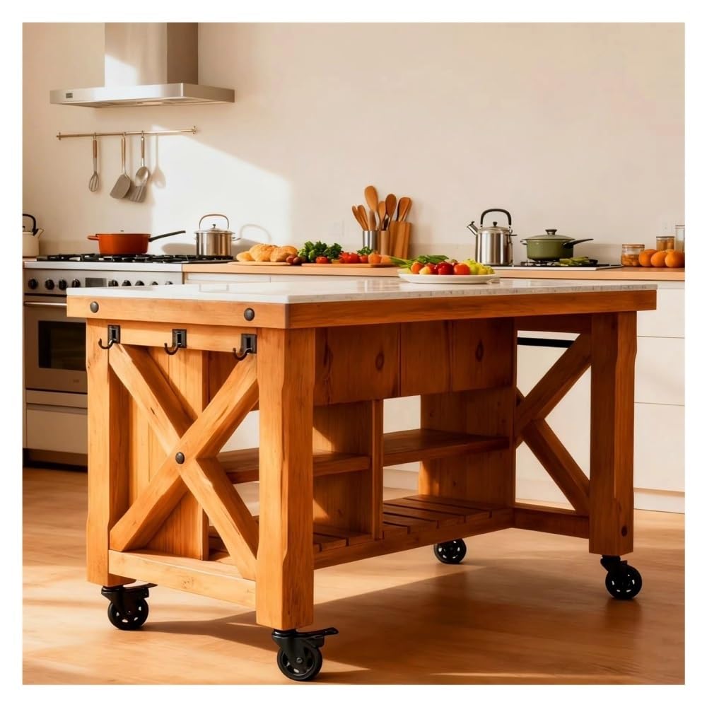 Carrello da cucina Isola della cucina con rotelle for fattoria, cassetti e ripiani superiori in legno massello e pietra(S)