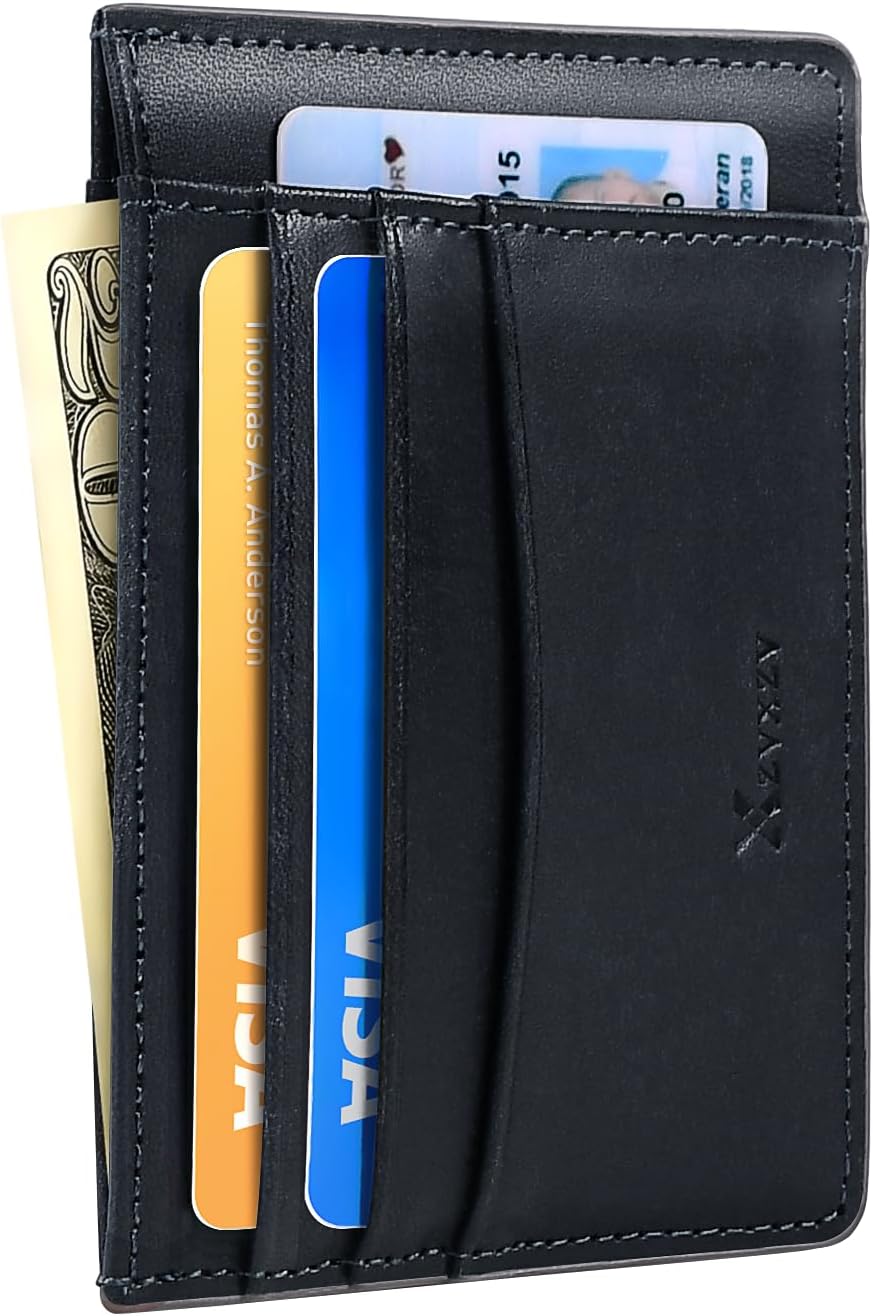 Men's Slim Wallet Italian Pebbled Leather Minimalist Front Pocket RFID Blocking Credit Card Holder with Gift Box Navy Blue