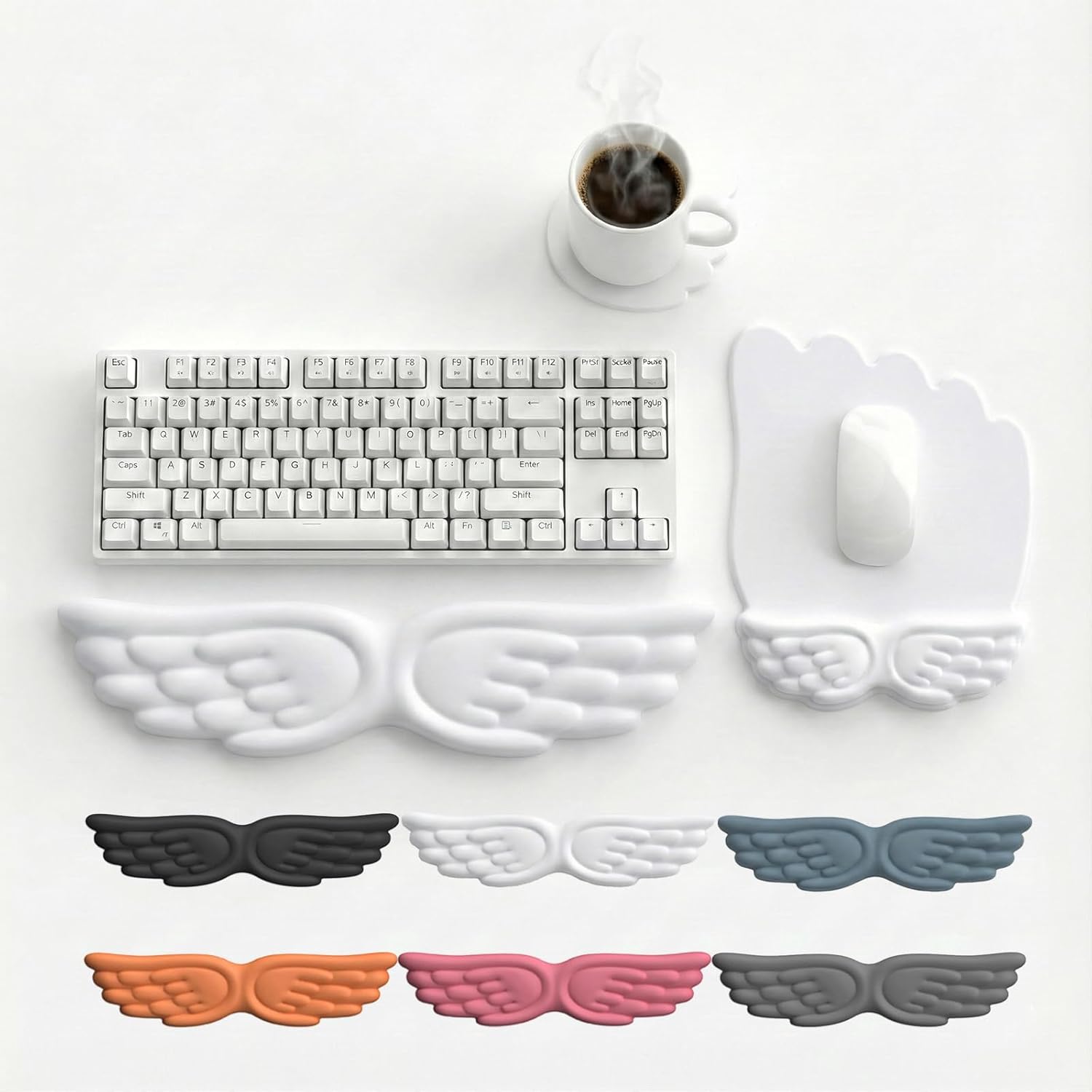 Angel Wing Keyboard Wrist Rest Set, 3 Piece Cloud Wrist Rest for Computer Keyboard with Mouse Wrist Rest and Coaster, PU Leather Memory Foam Wrist Support for Office, Home and Gaming (White - A)