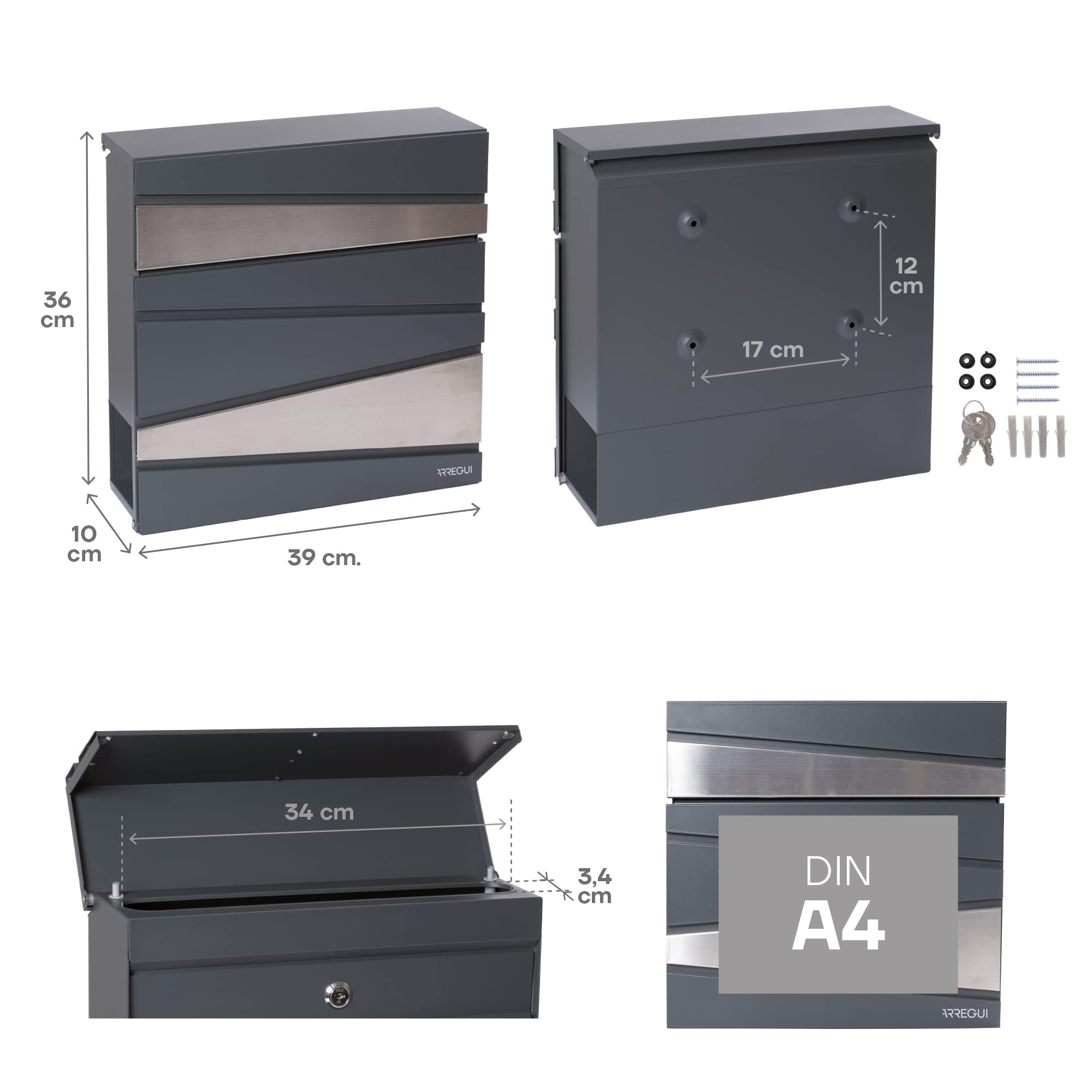 Arregui Armor E6905 Buzón Exterior de Acero con Portaperiódicos, Tamaño M (DIN A4), Buzón de Correo Moderno Gris con Tapa Protectora y Soporte para Periódicos, Montaje en Pared