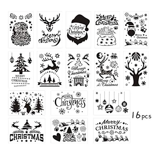 Boerni 16 modèles de pochoirs de Noël, modèle de Peinture d'artisanat de Noël, Santa Bricolage Dessin de pochoirs - Joyeux Noël, père Noël, Flocons de Neige, balles, Arbres, Rennes, Coffrets-Cadeaux