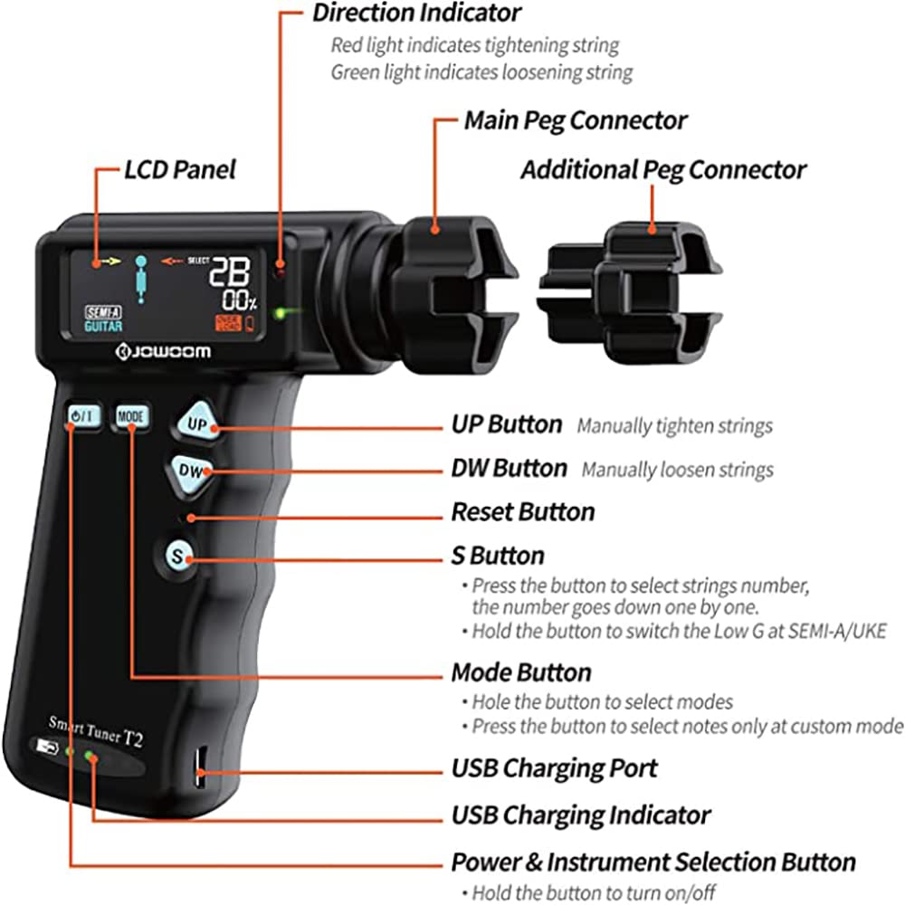 T2 Smart Guitar Tuner und automatischer Saitenwickler, 2-in-1, multifunktionales Saiteninstrument für Gitarre/Ukulele/Banjo/Mandoline/mit wiederaufladbarem Lithium-Akku