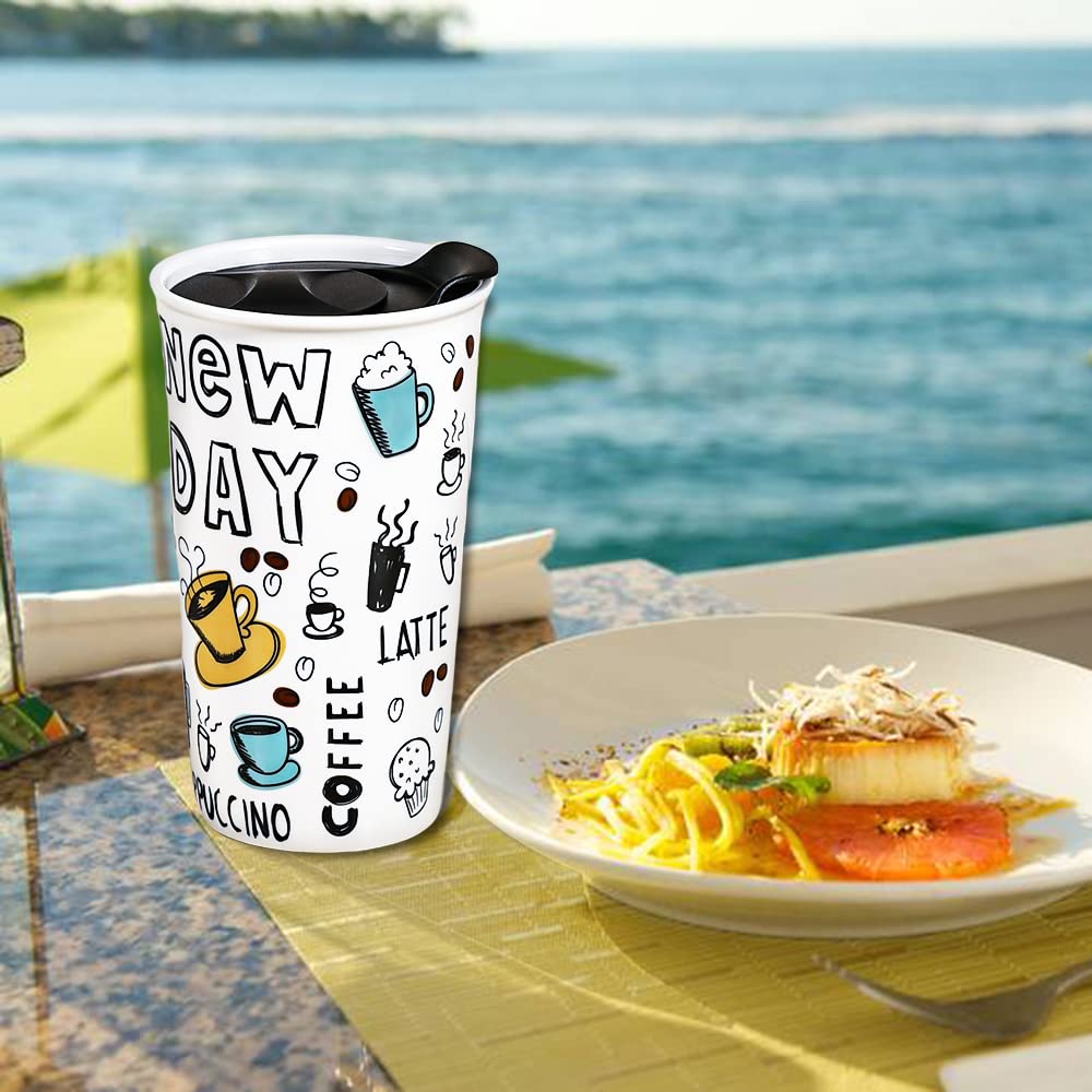 Amazon.com: Ceramic Travel Coffee Mug, 12 oz, Portable, Travel Mug with  Lid, Double Wall Tall Cup, To Go Tumbler for Car Cup Holder, Splash  Resistant Lid, Dishwasher Safe, Gifts for Women Men