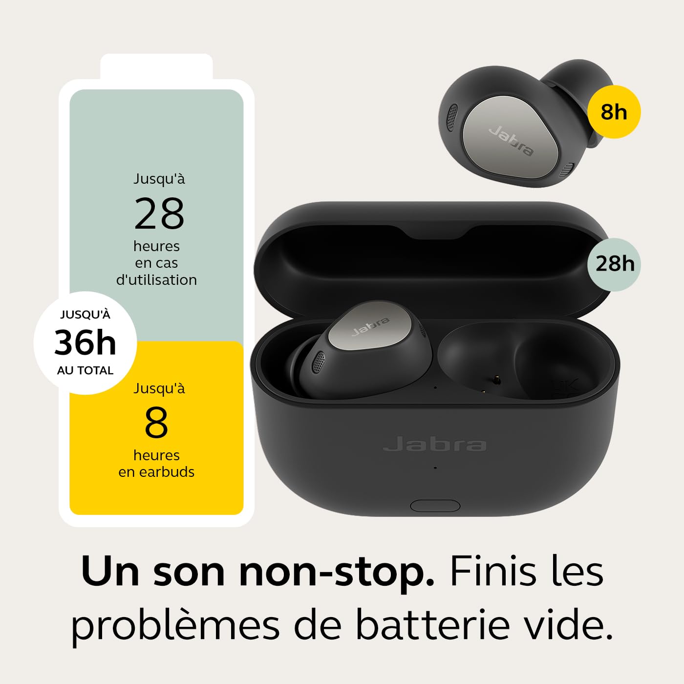 Jabra Elite 10 Gen 2 Écouteurs sans Fil Bluetooth, Audio Spatial Optimisé, Le Audio Smart Case, Design Semi-Ouvert, ANC Avancée, 6 Microphones intégrés et jusqu'à 36 Heures d'autonomie – Noir Titane