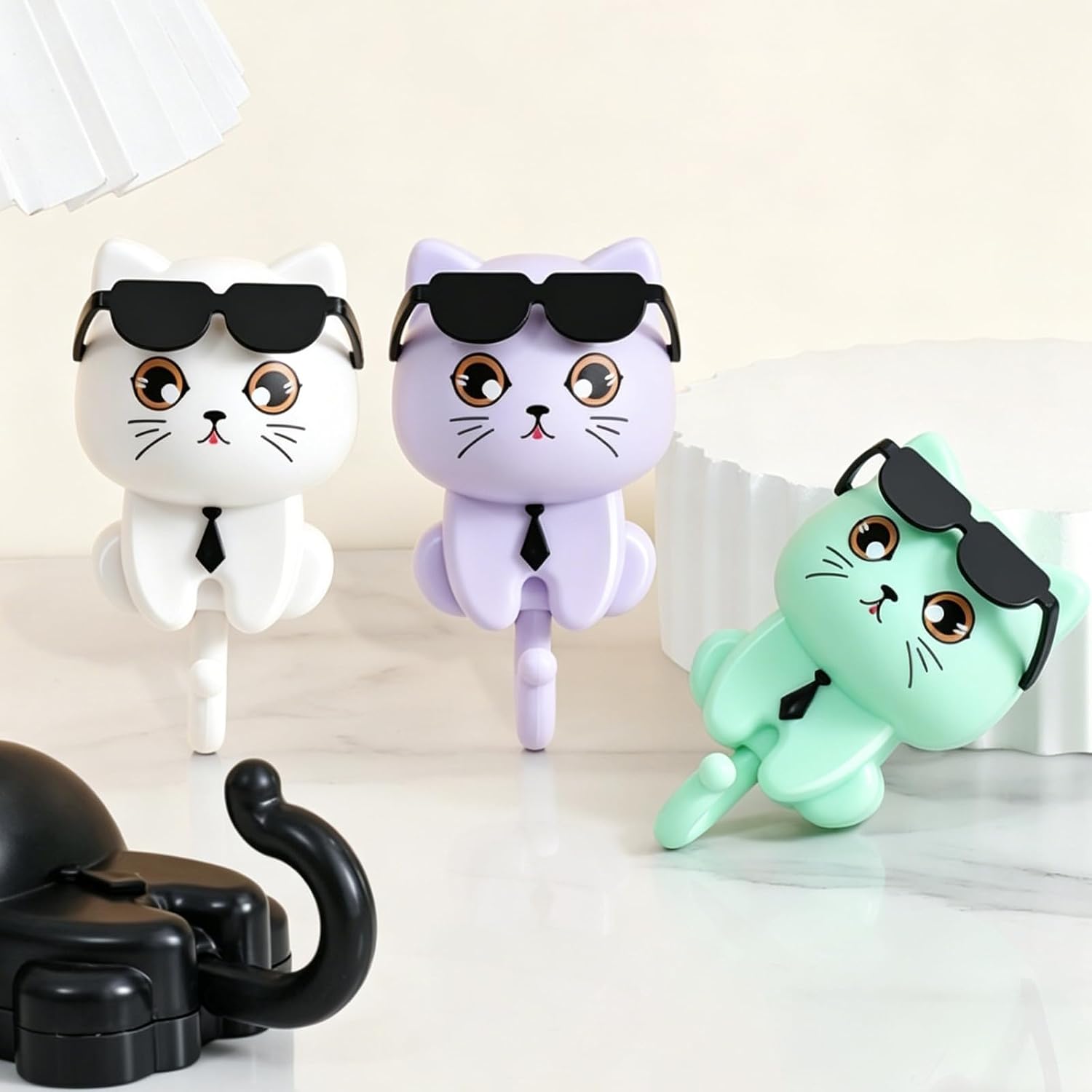 Cat with Sunglasses Adhesive Wall Hook - Pet-Themed Key Organizer, 4-Pack Chic Cat Hooks for Entryway, Front Door, Hallway