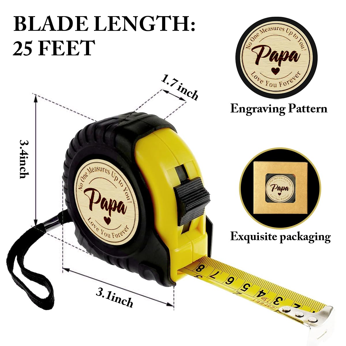 Papa Father's Day Gifts for Papa Dad Grandpa Tool Wood Worker Carpenter Christmas Birthday Gifts Idea for Pa-pa Tape Measure 25 FT