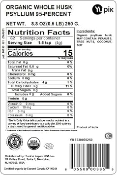 Yupik Organic Whole Husk Psyllium 8.8 Oz, 95% Purity, Soluble Fiber, USDA Certified, Non-GMO, Kosher, Gluten-Free, Sugar-Free & Fat-Free, Unflavored, Plant-Based, Ideal for Oatmeal & Cereal