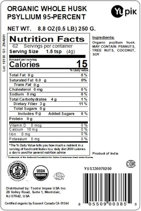 Yupik Organic Whole Husk Psyllium 8.8 Oz, 95% Purity, Soluble Fiber, USDA Certified, Non-GMO, Kosher, Gluten-Free, Sugar-Free & Fat-Free, Unflavored, Plant-Based, Ideal for Oatmeal & Cereal