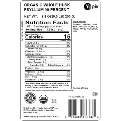 Yupik Organic Whole Husk Psyllium 8.8 Oz, 95% Purity, Soluble Fiber, USDA Certified, Non-GMO, Kosher, Gluten-Free, Sugar-Free & Fat-Free, Unflavored, Plant-Based, Ideal for Oatmeal & Cereal