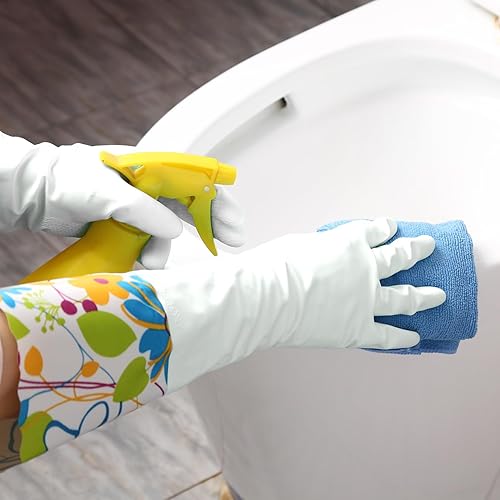 Miniatura 5 de Bamllum 3 pares de guantes de limpieza de goma, guantes de cocina para el hogar y lavavajillas con forro flocado de algodón, puño largo de 16